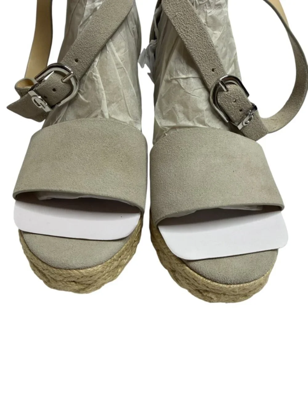 Guess Hidy Suede Sandals Shoes Wedge Espadrille Buckle Light Gray 8.5 NIB